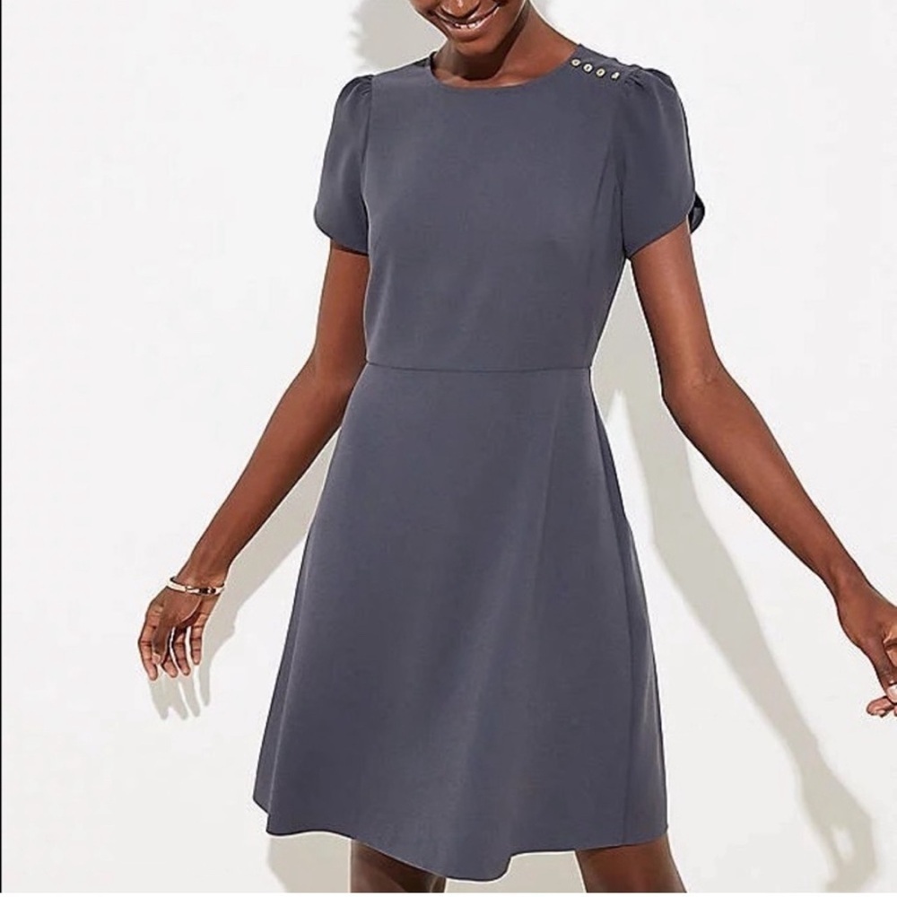 LOFT Fit Flare Dress with Shoulder Button Detail Size 18 PLUS Steel Gray Midi - Picture 2 of 11